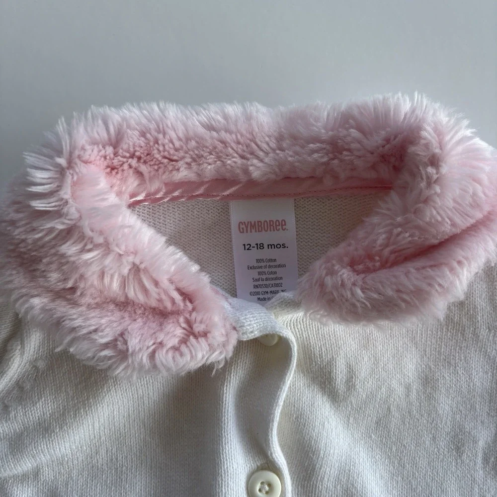 Gymboree Y2K Poodle Cardigan Sweater Girls 12-18 Months Ivory Pink‎ Plush Collar